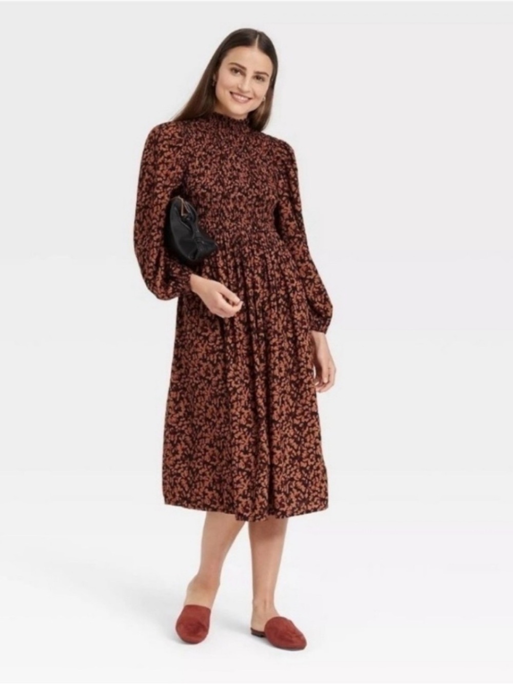 A New Day Women's Brown Leaf Print Smocked Bodice Fit Midi Flare Dress